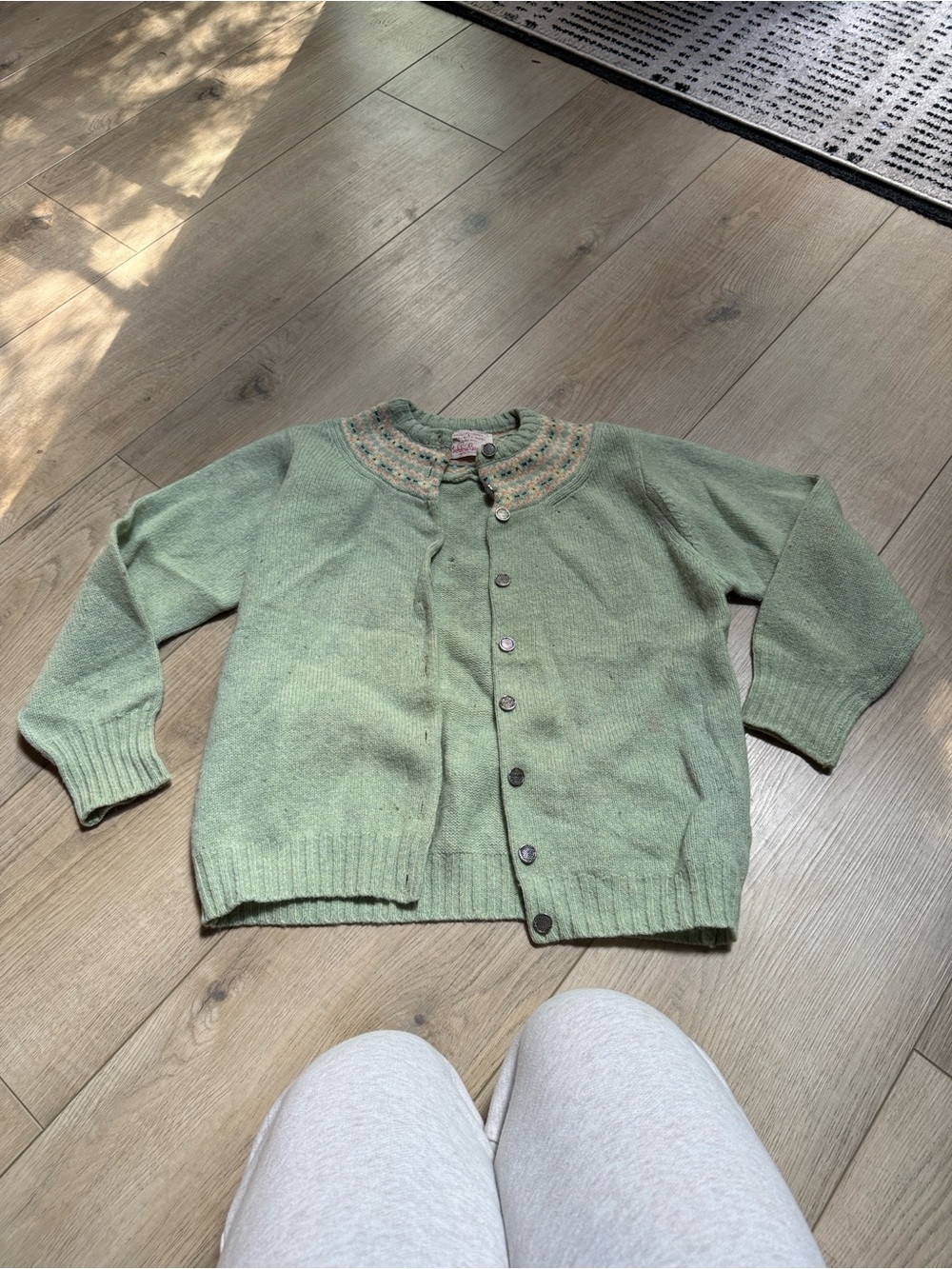 Bobbie Brooks Light Green Knit Button-Up Cardigan with Patterned Yoke